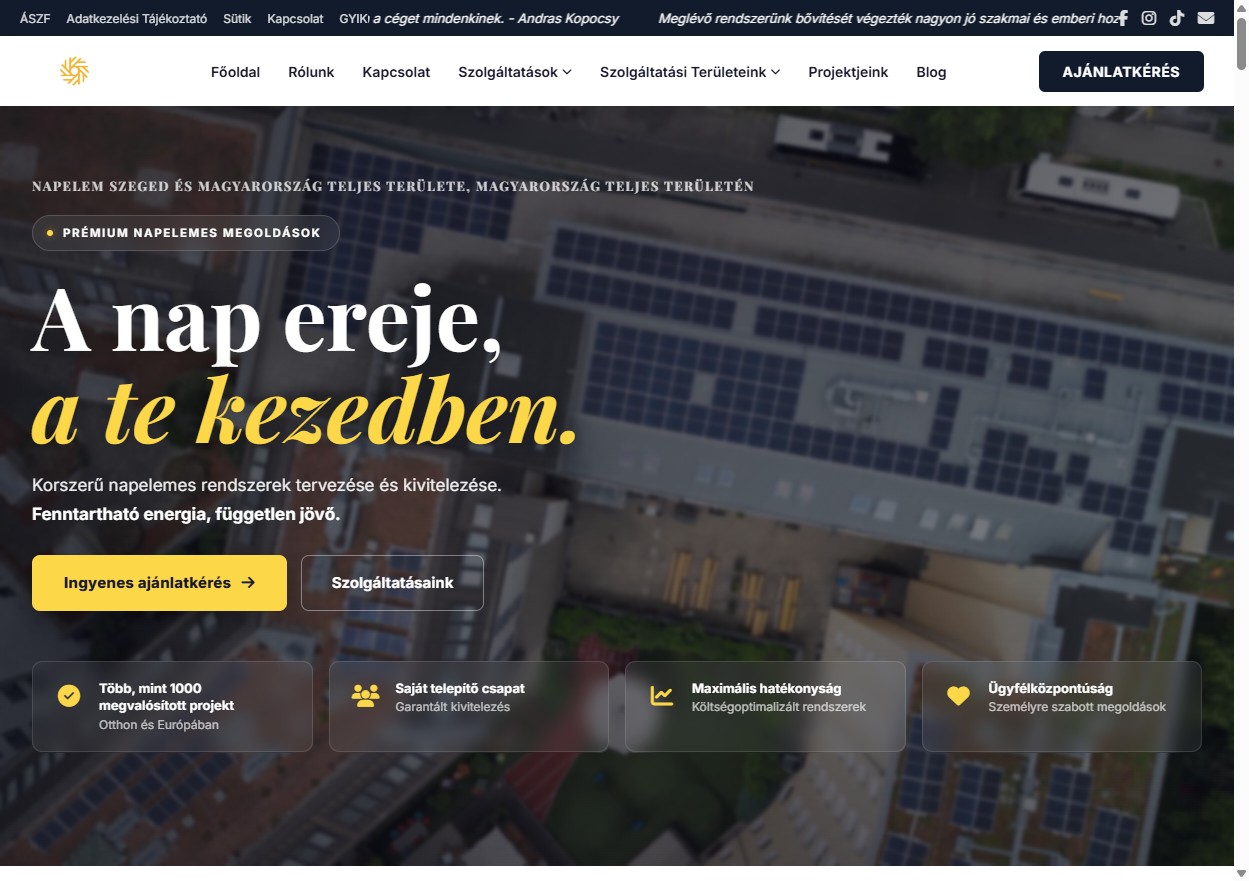 Az Ares Solar napelemes cég weboldalának nyitóképe, amit a LeadsForged épített