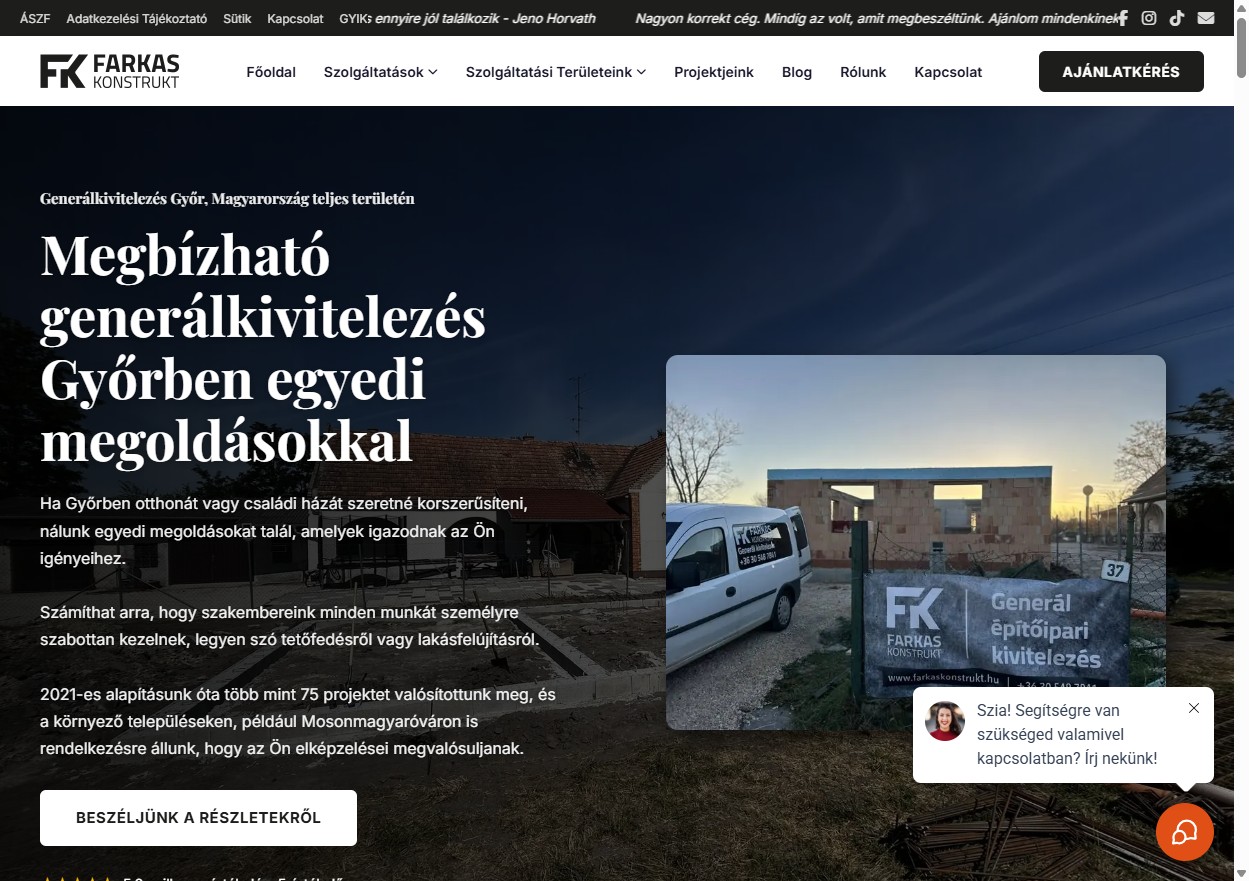 A Farkas-Konstrukt Kft. weboldalának nyitóképe, amit a LeadsForged épített